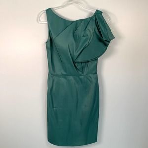 Lela Rose‎ Women's Green Satin Ruffled One Shoulder Satin Dress S